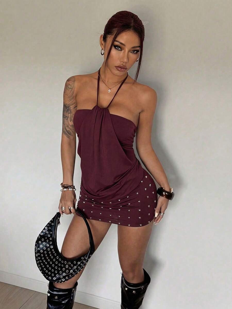 Women's brown beaded halter mini dress with a backless tie-back knot design, sleeveless slim fit silhouette, and pencil hem.