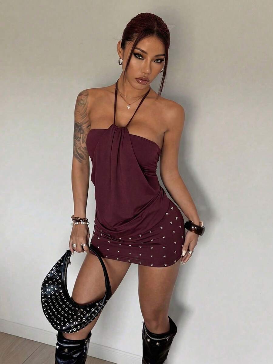 Women's brown beaded halter mini dress with a backless tie-back knot design, sleeveless slim fit silhouette, and pencil hem.