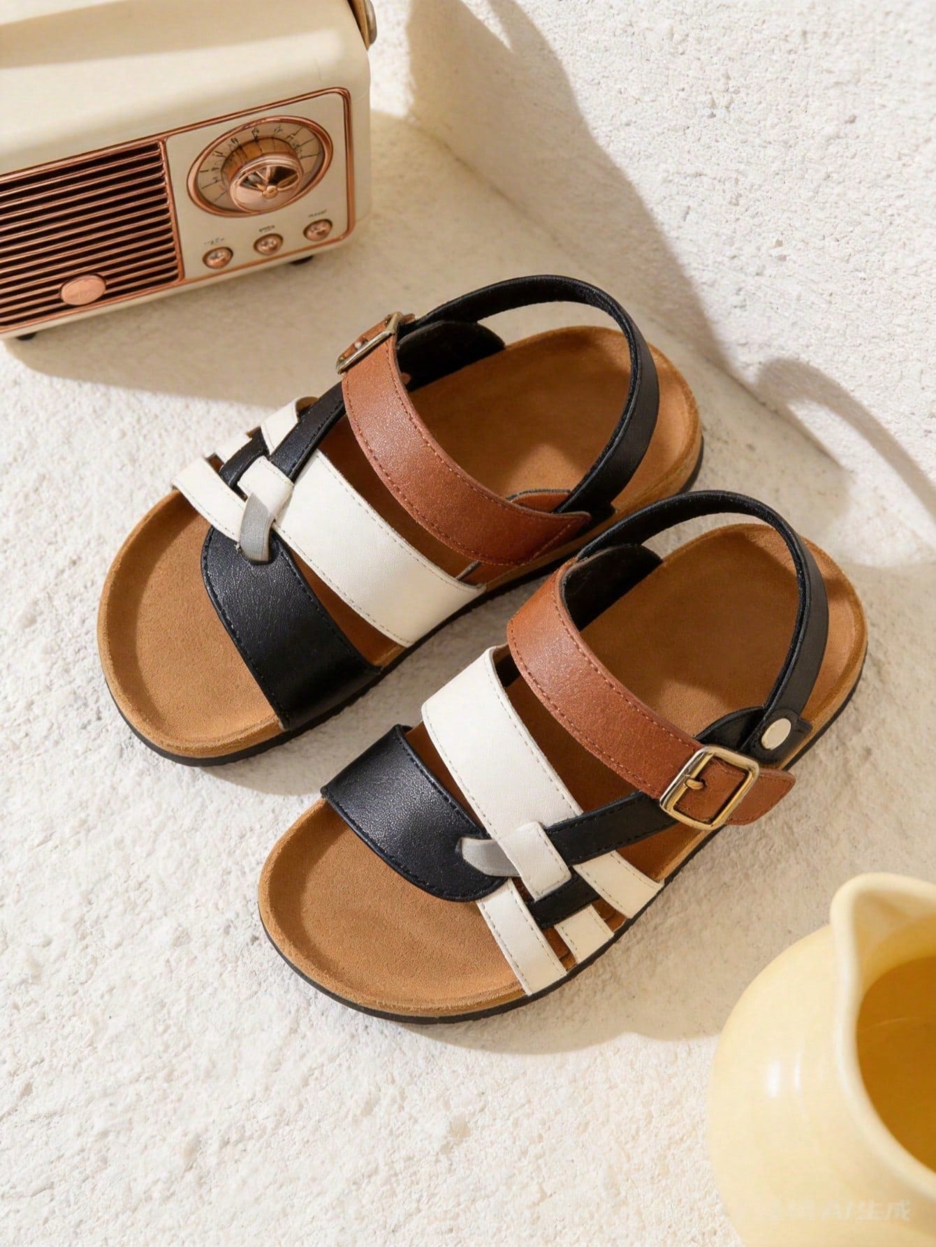 Pair of girls' pink open-toe flat sandals with ankle straps, buckle details, and a non-slip black rubber outsole.