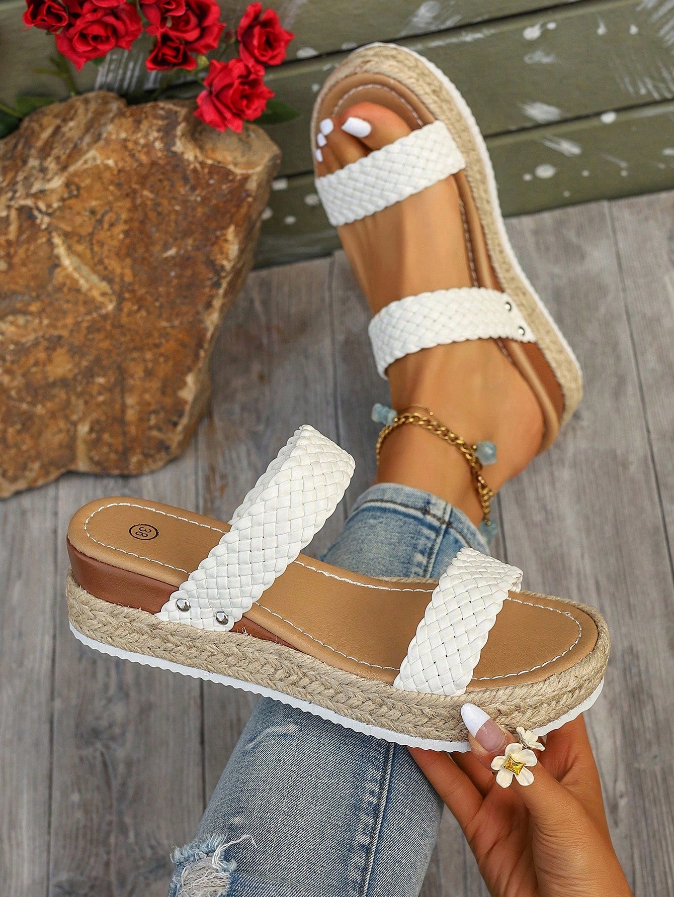 Women's thick sole flip flop sandals with adjustable buckle strap, toe post design, and flatform mid heel in a casual vacation style.