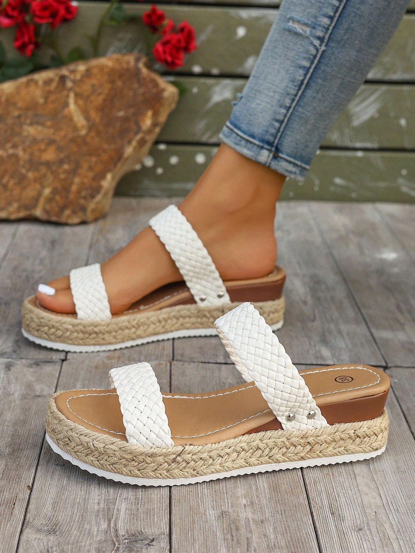 Women's thick sole flip flop sandals with adjustable buckle strap, toe post design, and flatform mid heel in a casual vacation style.