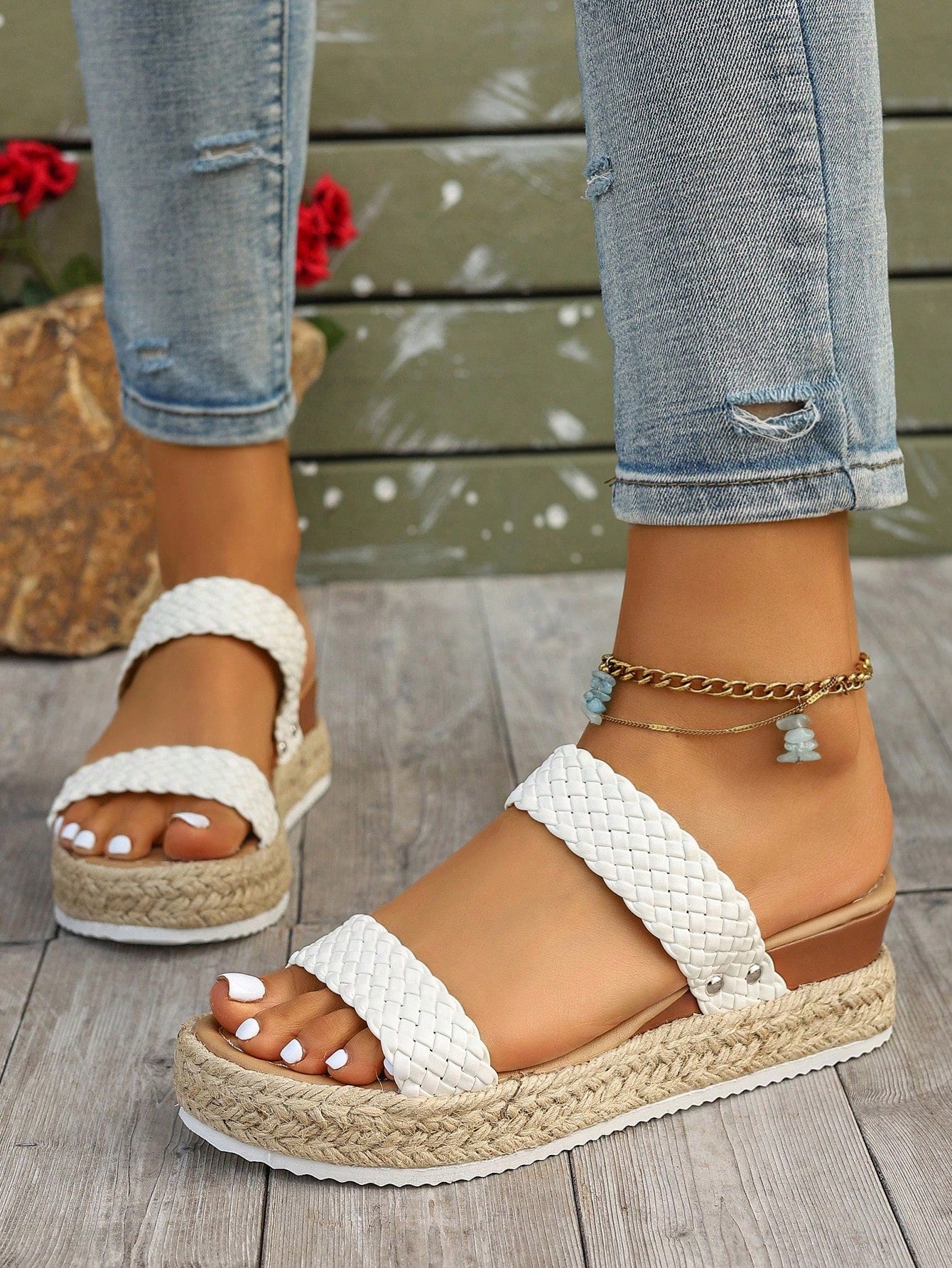 Women's thick sole flip flop sandals with adjustable buckle strap, toe post design, and flatform mid heel in a casual vacation style.