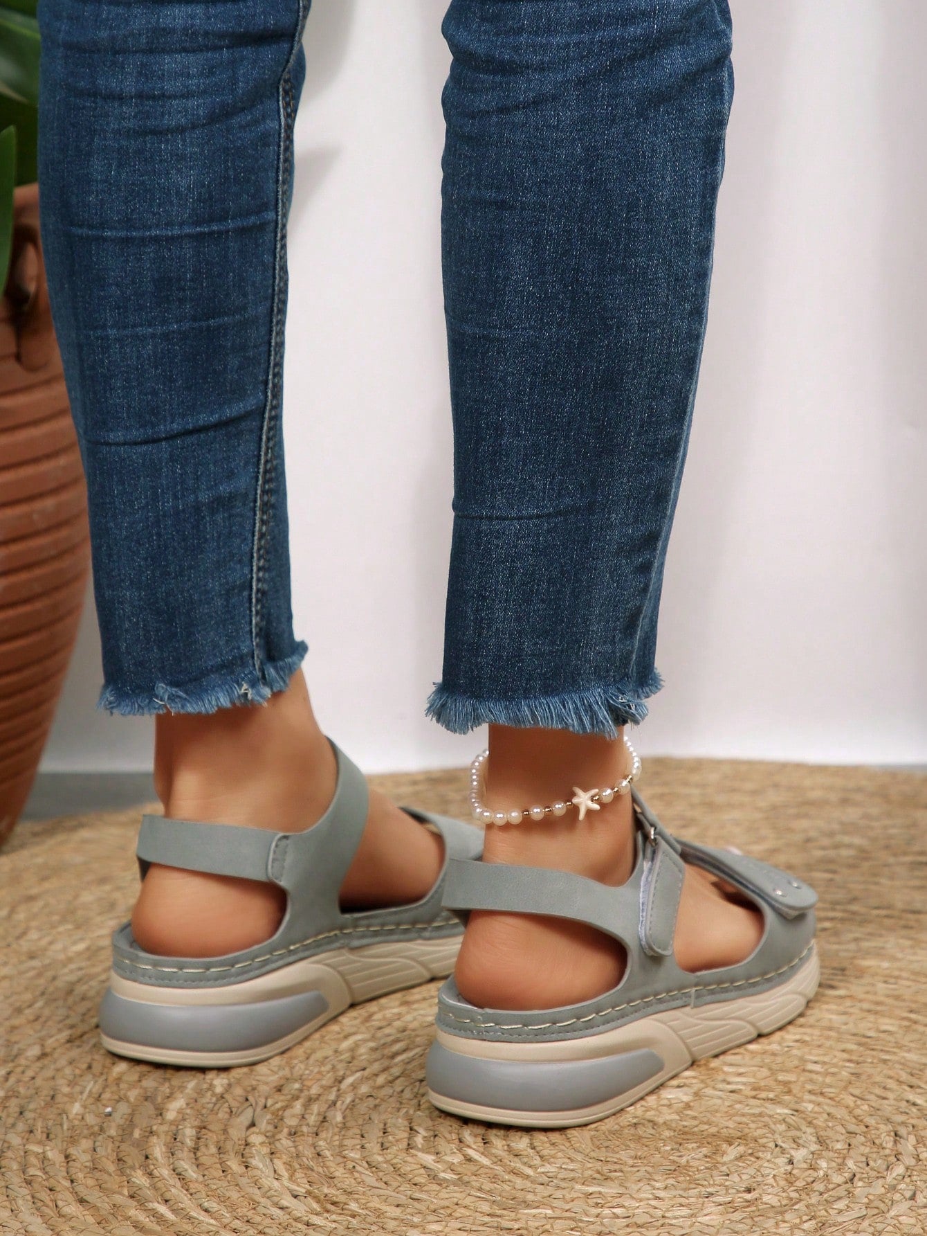 Women's plus size platform wedge sandals with hook-and-loop closure, open toe, ankle strap, and cut-out detailing in a casual beach style.