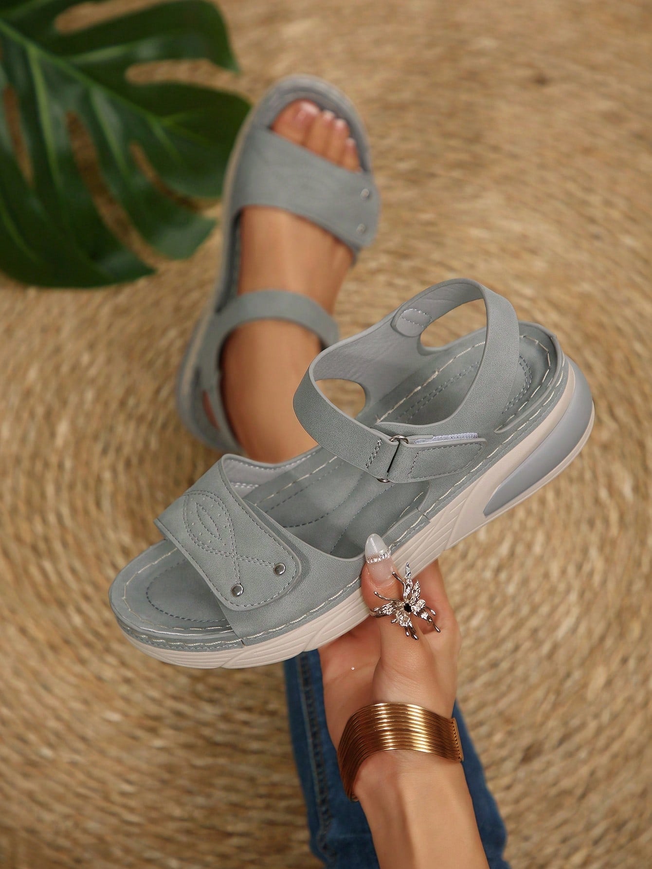 Women's plus size platform wedge sandals with hook-and-loop closure, open toe, ankle strap, and cut-out detailing in a casual beach style.
