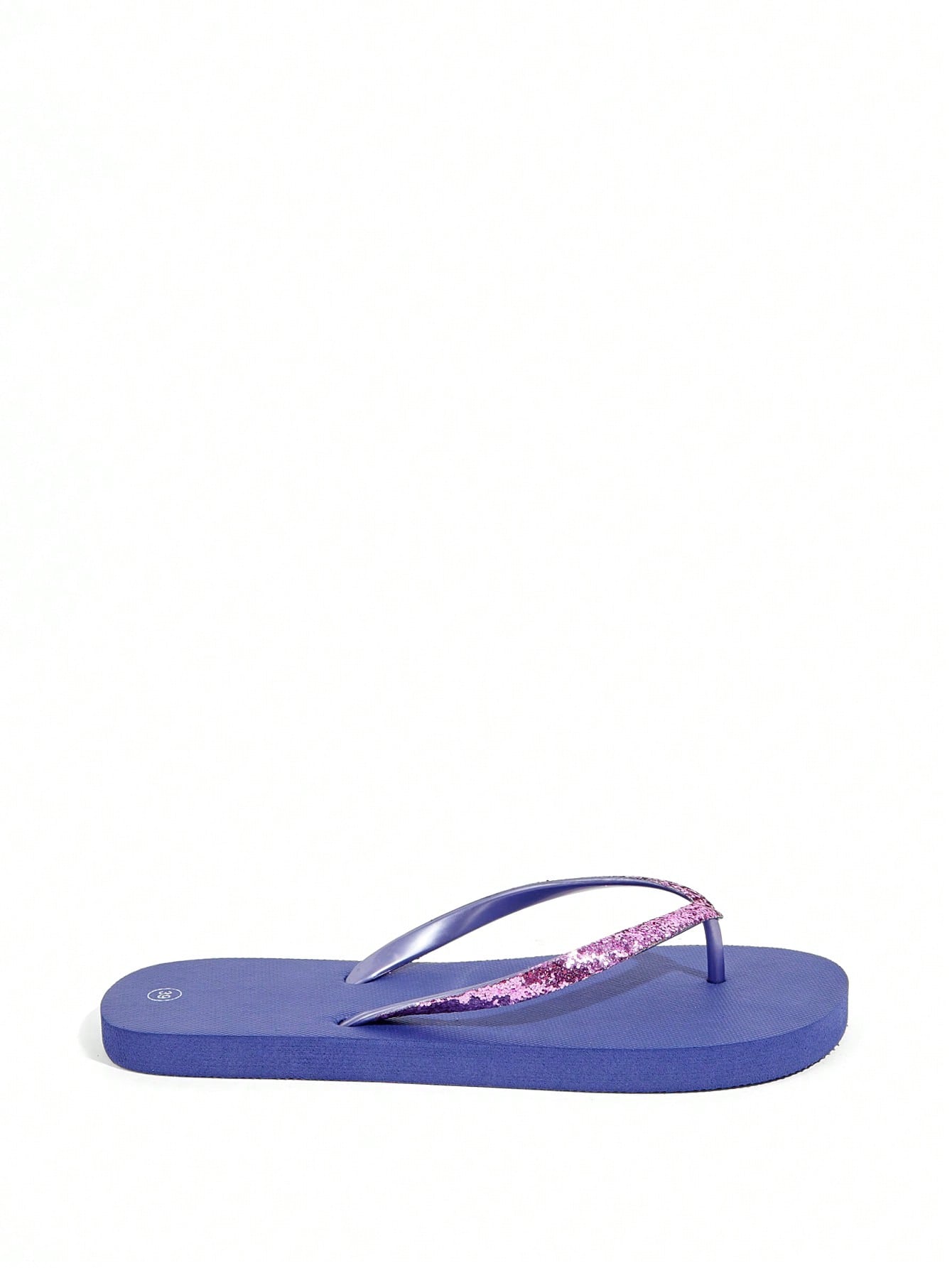 Pair of women’s apricot flat flip-flops with a glitter upper and plain design, suitable for beach, outdoor, home, and vacation wear.