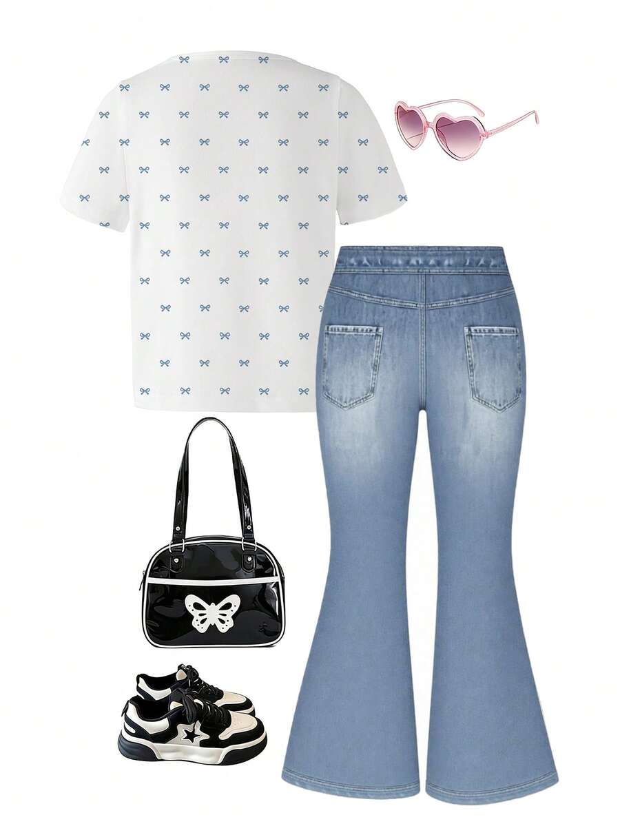 Elladie kids 2pcs/Set Young Girl Casual Butterfly Print Short Sleeve T-Shirt And Flare Pants,Cute Cartoon Graphic Fashionable Summer Clothes For School Outfit