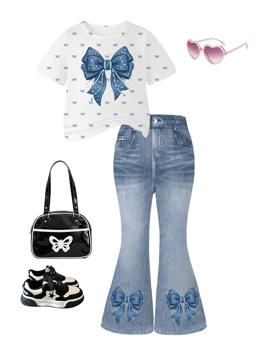 Elladie kids 2pcs/Set Young Girl Casual Butterfly Print Short Sleeve T-Shirt And Flare Pants,Cute Cartoon Graphic Fashionable Summer Clothes For School Outfit