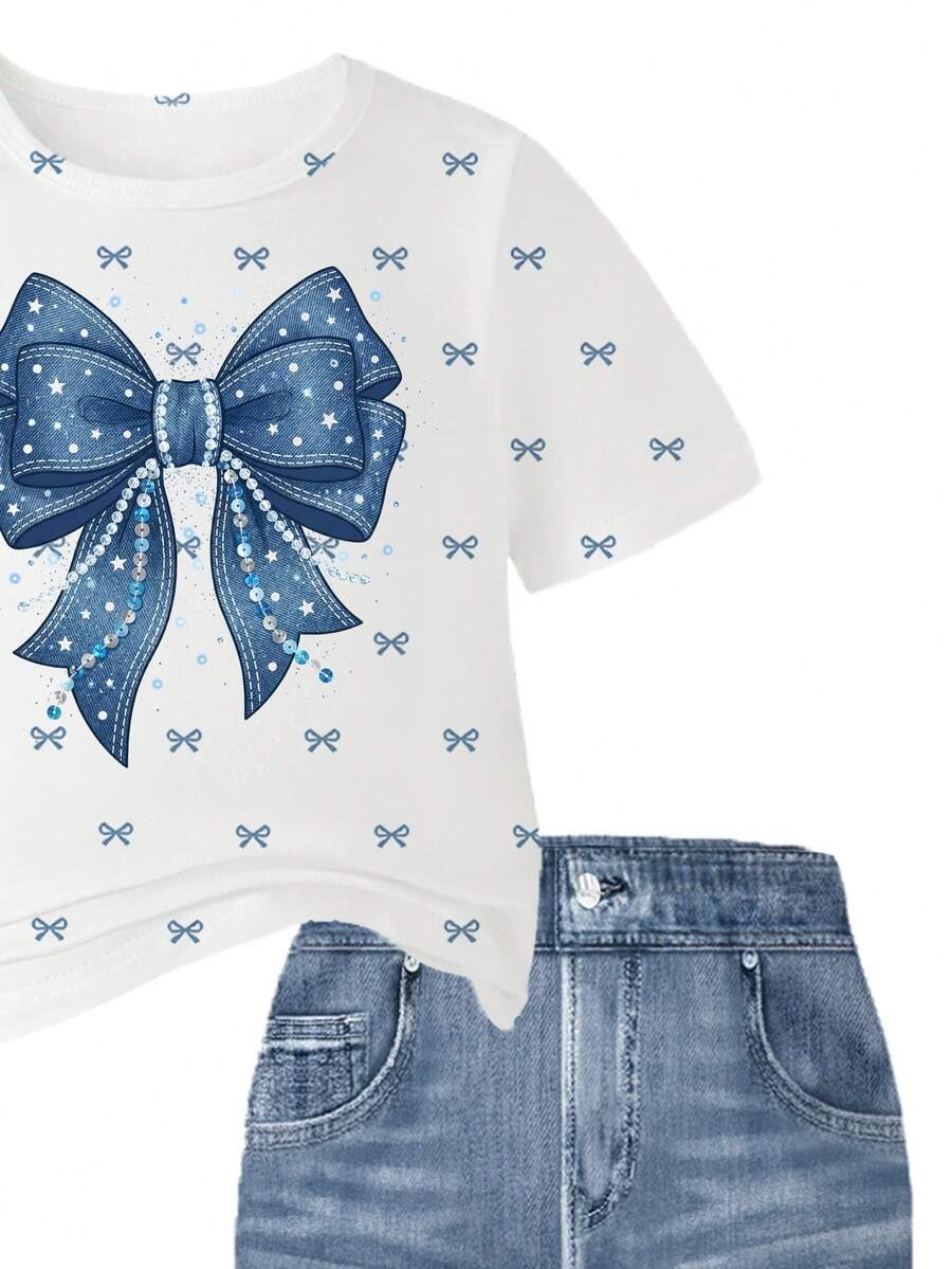 Elladie kids 2pcs/Set Young Girl Casual Butterfly Print Short Sleeve T-Shirt And Flare Pants,Cute Cartoon Graphic Fashionable Summer Clothes For School Outfit