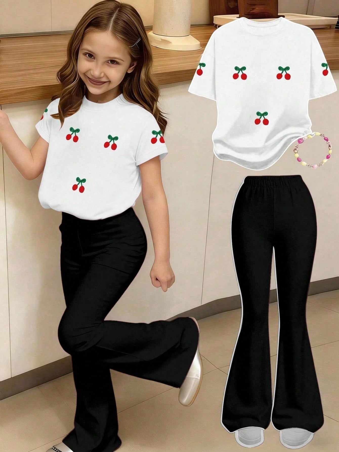Elladie kids 2pcs/Set Young Girl Casual Butterfly Print Short Sleeve T-Shirt And Flare Pants,Cute Cartoon Graphic Fashionable Summer Clothes For School Outfit