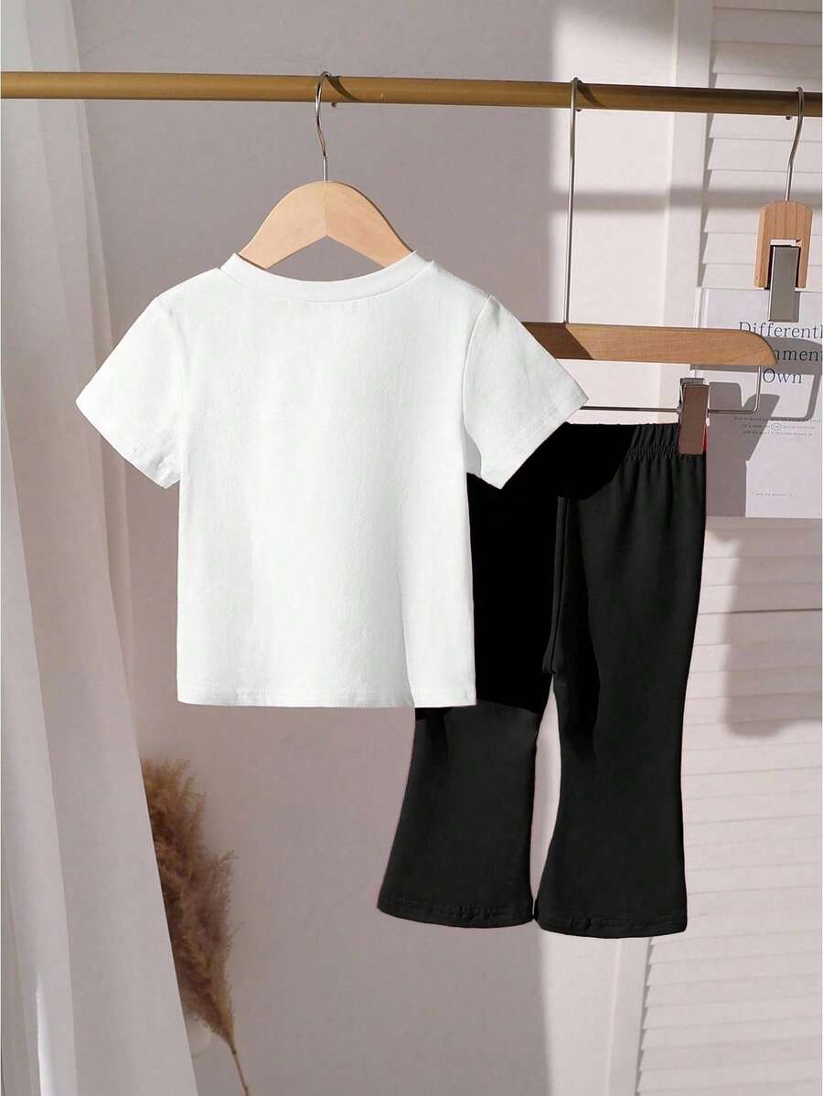 Elladie kids 2pcs/Set Young Girl Casual Butterfly Print Short Sleeve T-Shirt And Flare Pants,Cute Cartoon Graphic Fashionable Summer Clothes For School Outfit