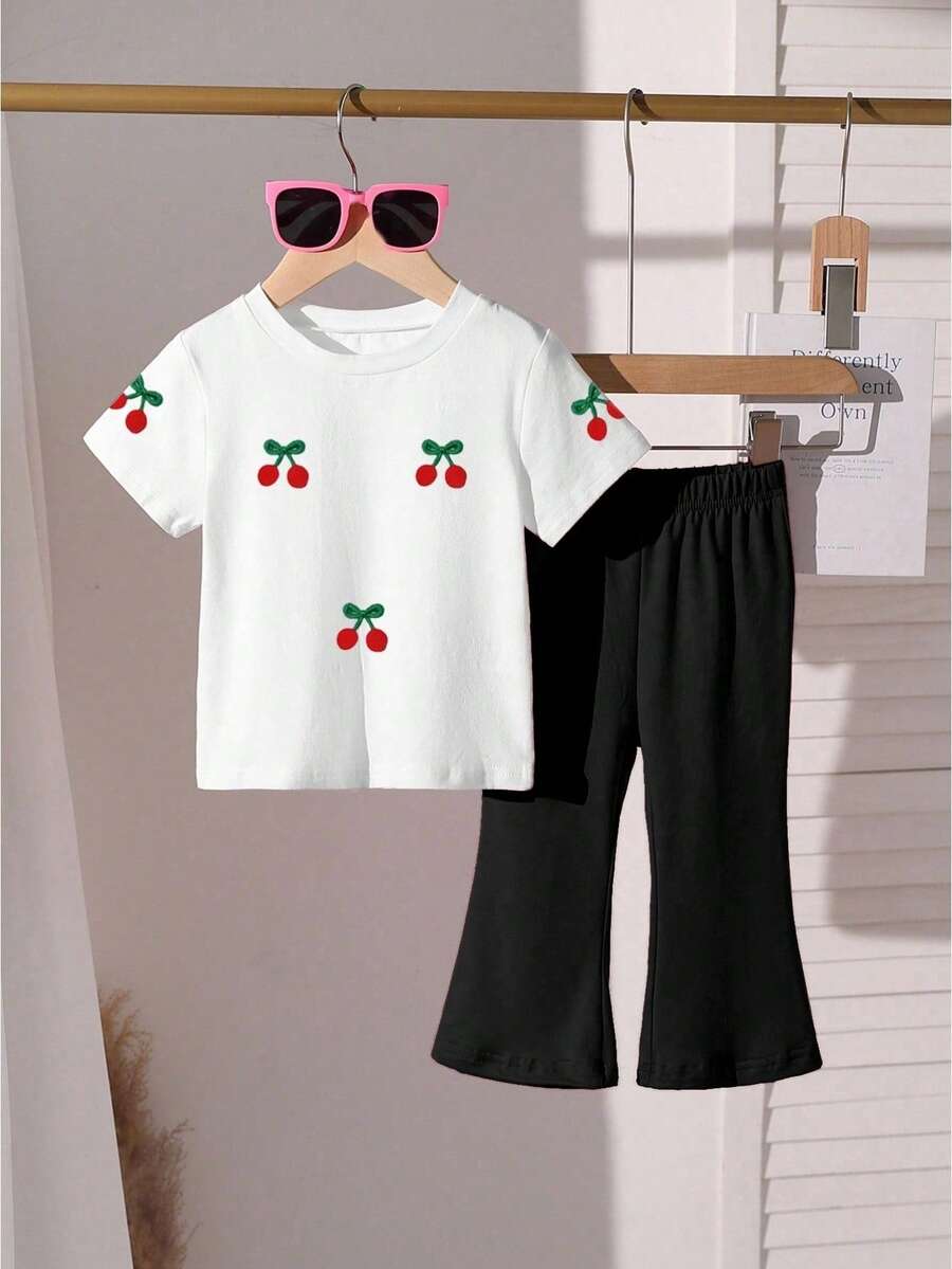 Elladie kids 2pcs/Set Young Girl Casual Butterfly Print Short Sleeve T-Shirt And Flare Pants,Cute Cartoon Graphic Fashionable Summer Clothes For School Outfit