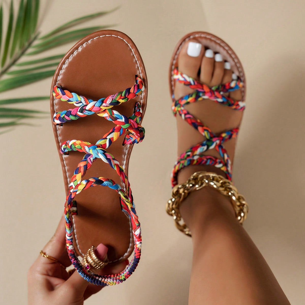 Pair of colorful woven strap flat sandals with an elastic back strap, open toe, and slip-on slide design for vacation, beach, and party wear.