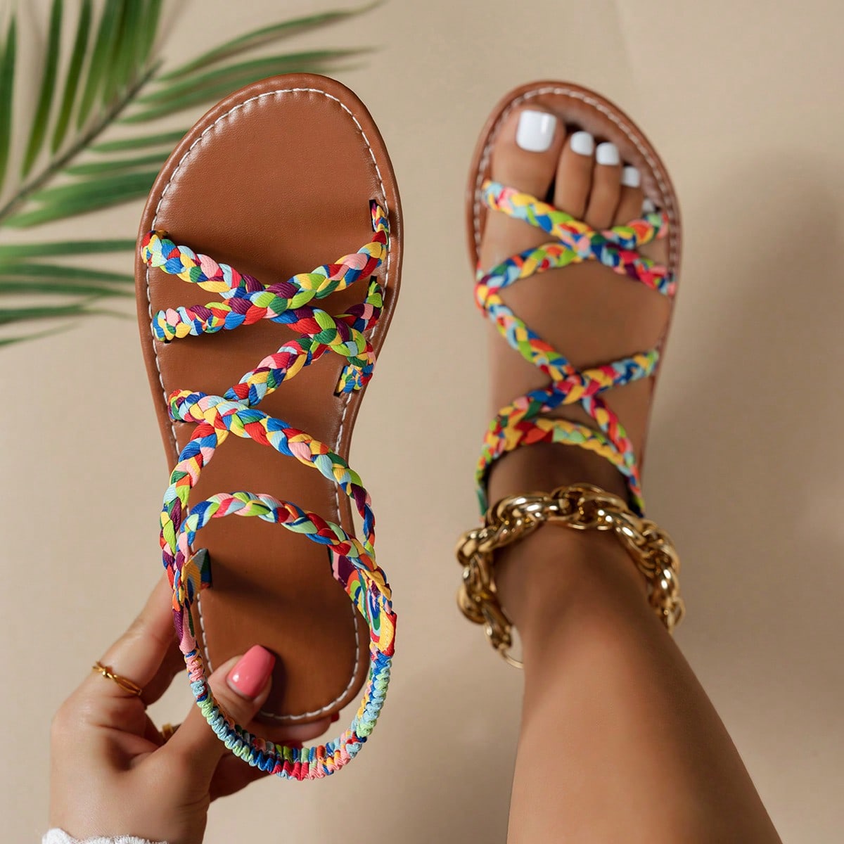 Pair of colorful woven strap flat sandals with an elastic back strap, open toe, and slip-on slide design for vacation, beach, and party wear.