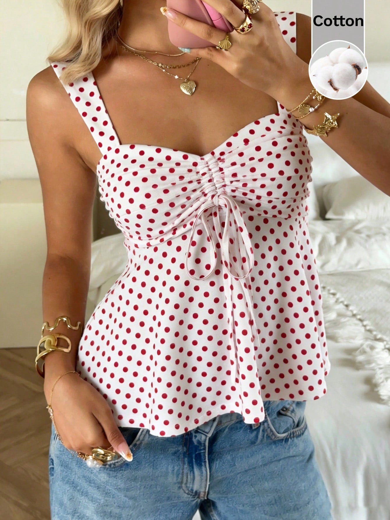 CovetEZ 2026 Spring/Summer New Women's Apparel: Black Polka Dot Cute Casual Versatile Ruffle Drawstring Blouse/Tank Top,Summer Top