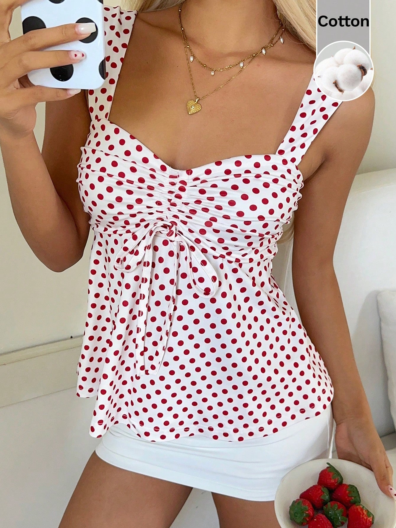 CovetEZ 2026 Spring/Summer New Women's Apparel: Black Polka Dot Cute Casual Versatile Ruffle Drawstring Blouse/Tank Top,Summer Top