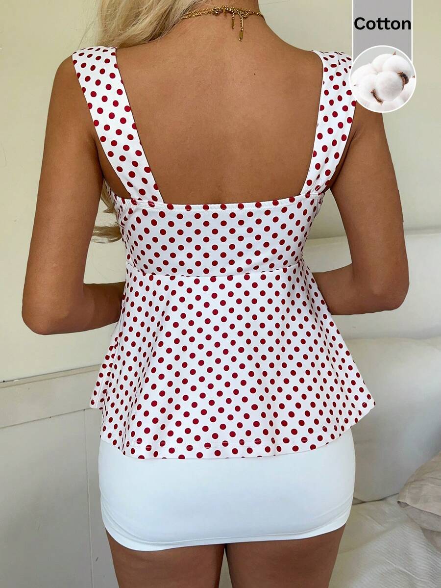 2026 Spring/Summer Women's New Arrival: Brown And White Polka Dot Sweet Vintage 2000s Cute Casual Versatile Ruffle Drawstring Top/Tank Vacation