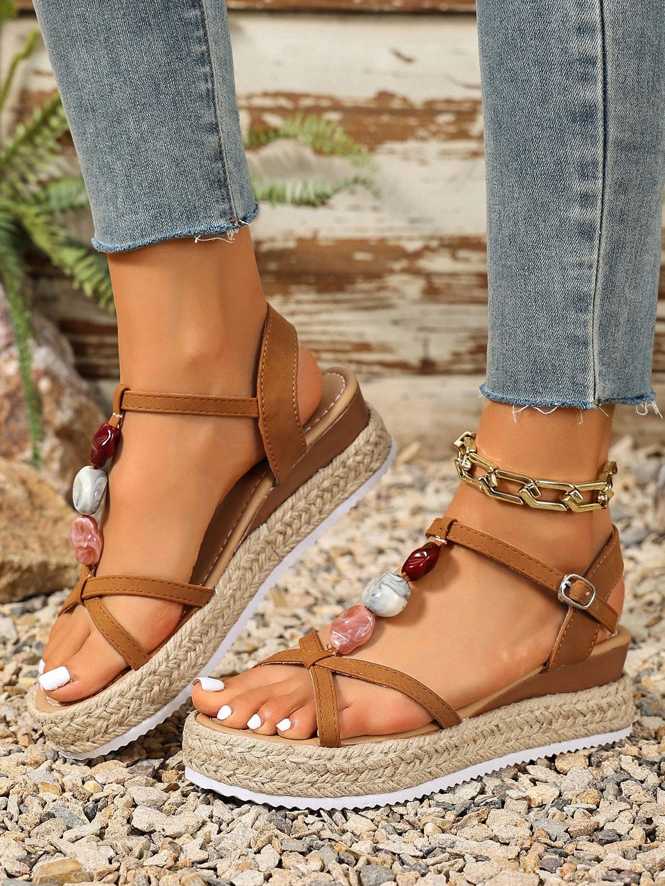 Women's thick sole flip flop sandals with adjustable buckle strap, toe post design, and flatform mid heel in a casual vacation style.