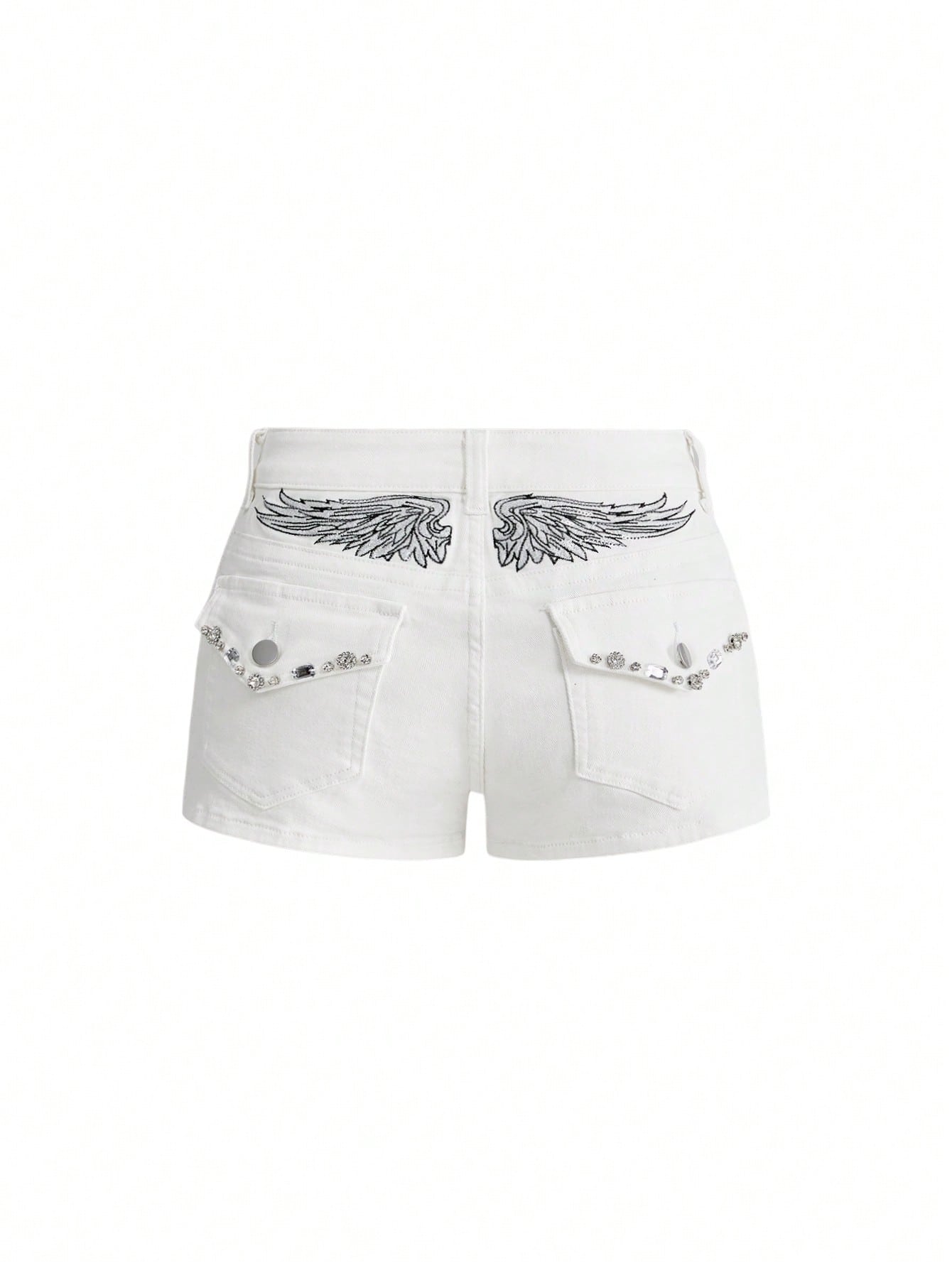 Blue ultra low waist mini shorts with ripped details, zipper fly, button closure, back wing embroidery, and rhinestone decor in a Y2K grunge punk style.