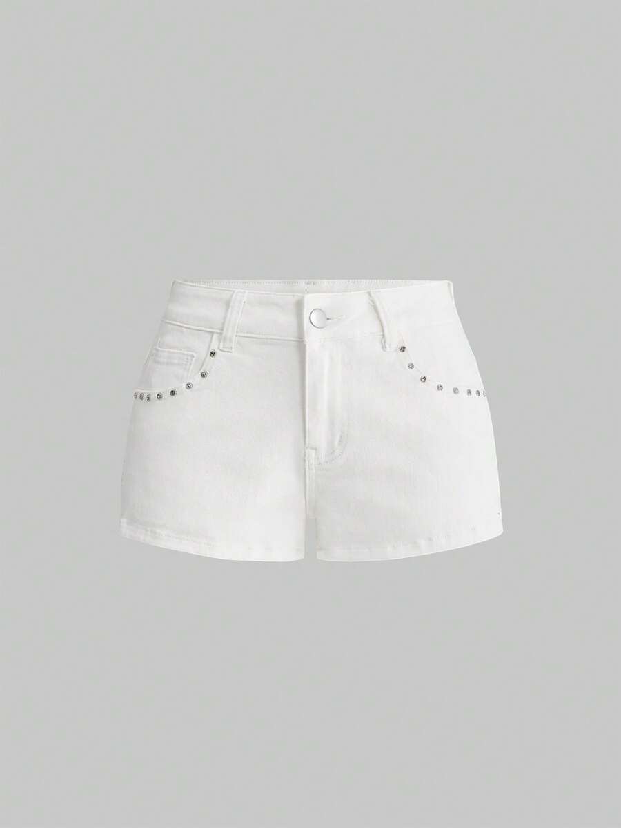 Blue ultra low waist mini shorts with ripped details, zipper fly, button closure, back wing embroidery, and rhinestone decor in a Y2K grunge punk style.