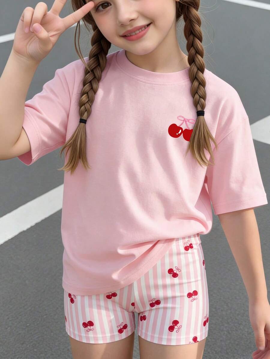 Elladie kids 2pcs/Set 4-7 Years Old Girls Toddler Outfits,Summer Cherry Bow Print Blue & White Striped Round Neck Short Sleeve T-Shirt + Shorts,Fresh Cute Style