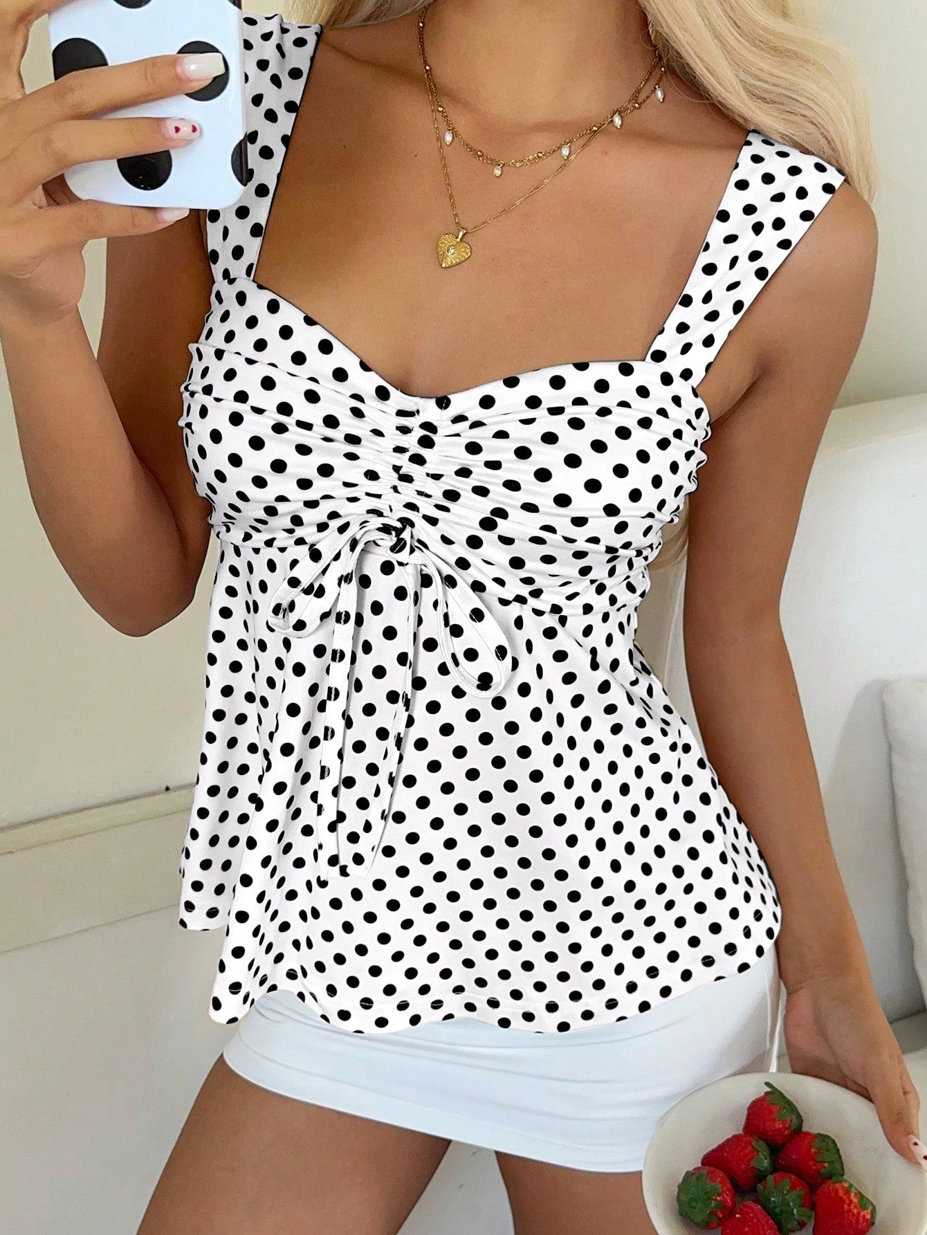 CovetEZ 2026 Spring/Summer New Women's Apparel: Black Polka Dot Cute Casual Versatile Ruffle Drawstring Blouse/Tank Top,Summer Top