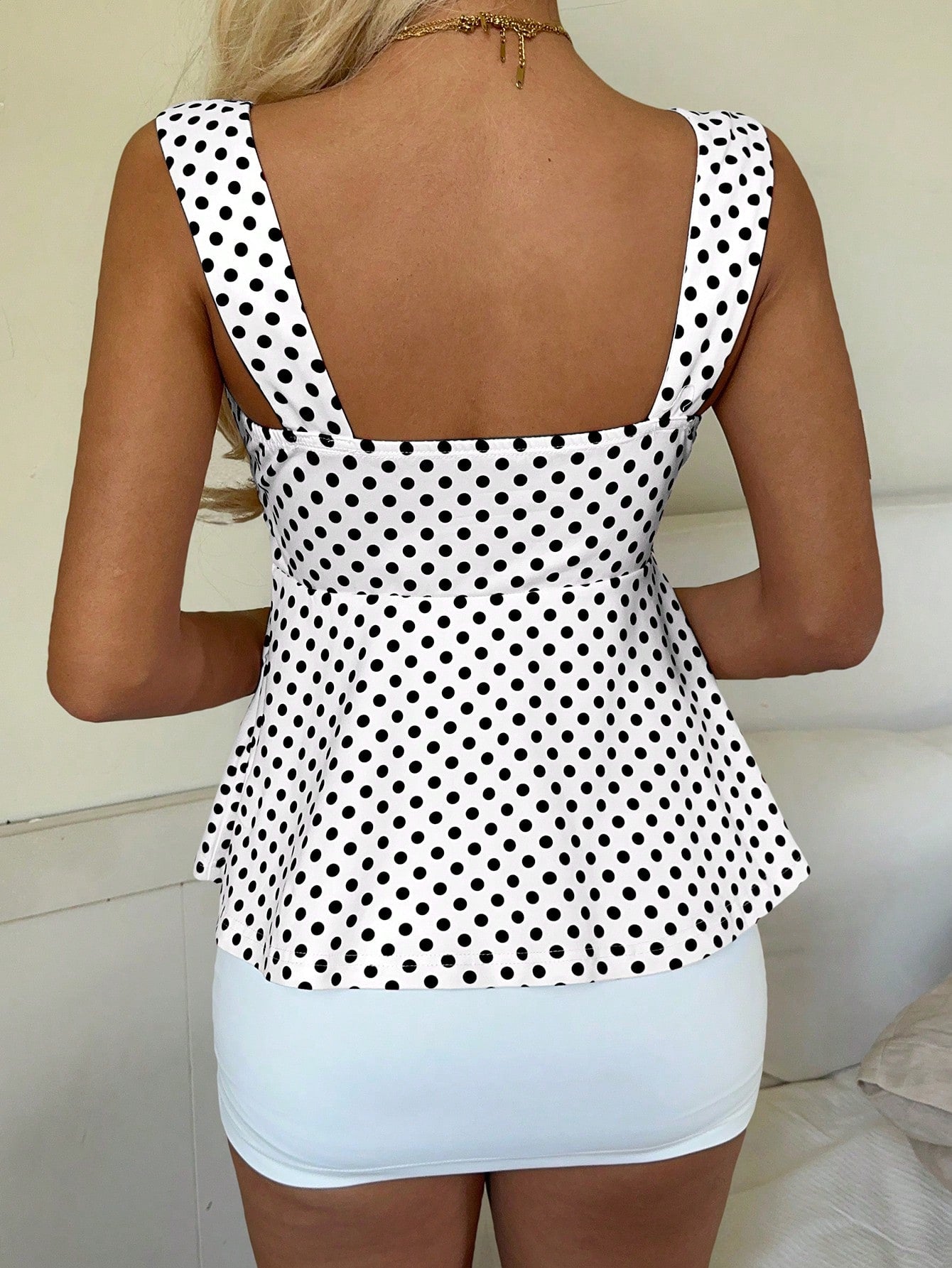 CovetEZ 2026 Spring/Summer New Women's Apparel: Black Polka Dot Cute Casual Versatile Ruffle Drawstring Blouse/Tank Top,Summer Top