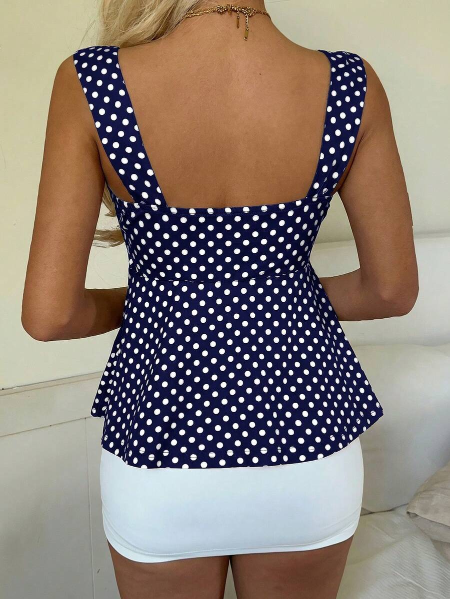 2026 Spring/Summer Women's New Arrival: Brown And White Polka Dot Sweet Vintage 2000s Cute Casual Versatile Ruffle Drawstring Top/Tank Vacation