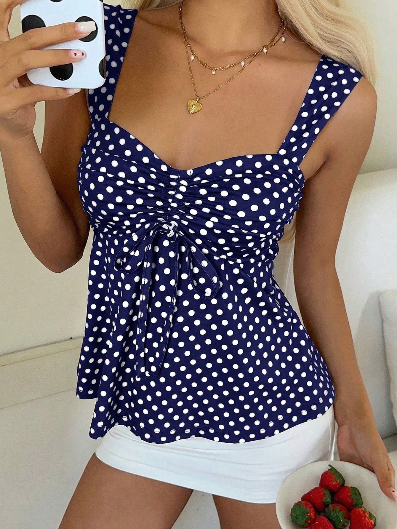 CovetEZ 2026 Spring/Summer New Women's Apparel: Black Polka Dot Cute Casual Versatile Ruffle Drawstring Blouse/Tank Top,Summer Top