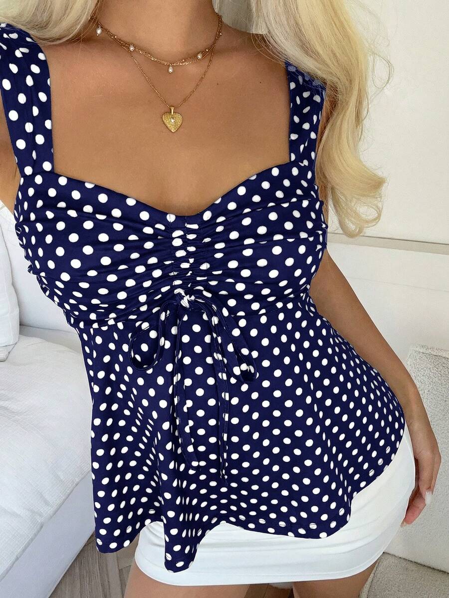 2026 Spring/Summer Women's New Arrival: Brown And White Polka Dot Sweet Vintage 2000s Cute Casual Versatile Ruffle Drawstring Top/Tank Vacation