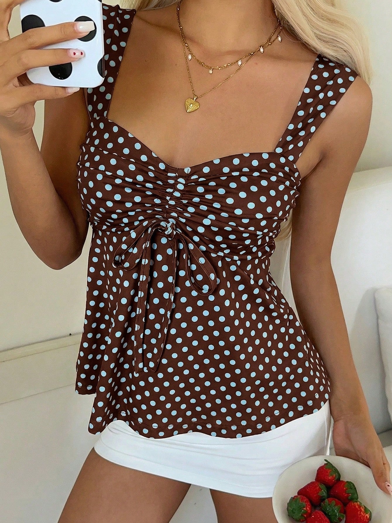 CovetEZ 2026 Spring/Summer New Women's Apparel: Black Polka Dot Cute Casual Versatile Ruffle Drawstring Blouse/Tank Top,Summer Top