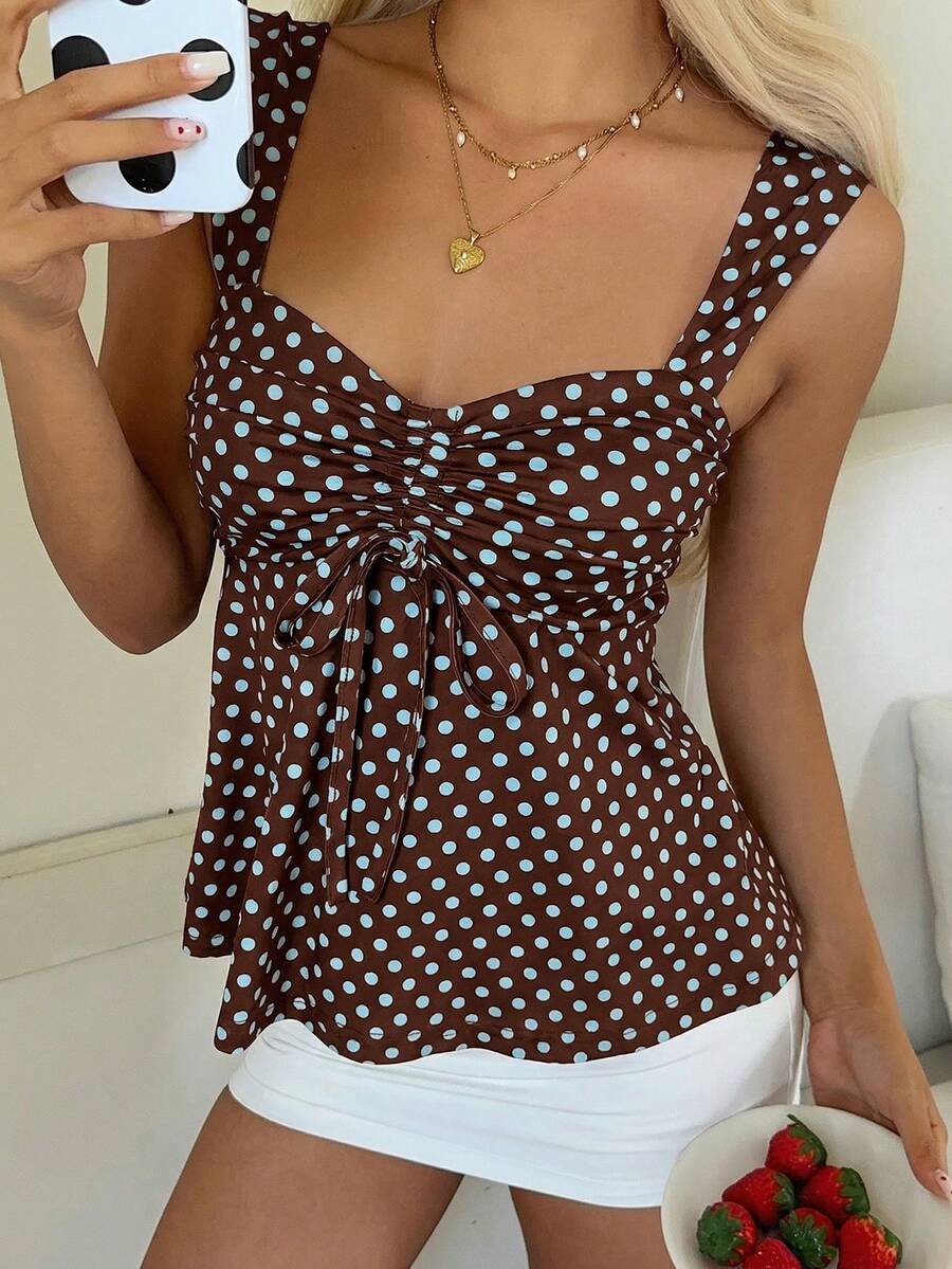 2026 Spring/Summer Women's New Arrival: Brown And White Polka Dot Sweet Vintage 2000s Cute Casual Versatile Ruffle Drawstring Top/Tank Vacation