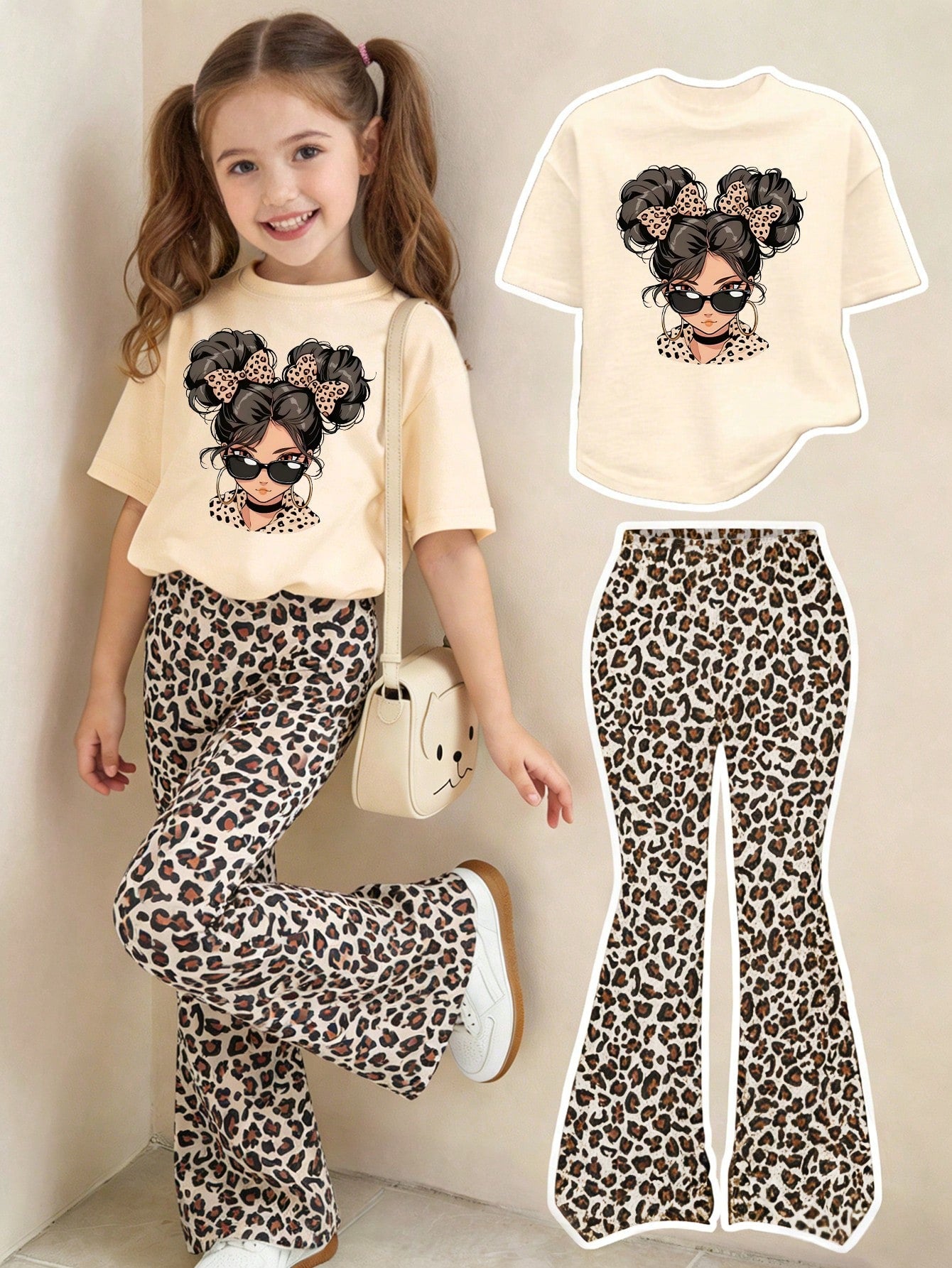 Elladie kids 2pcs/Set Young Girl Casual Butterfly Print Short Sleeve T-Shirt And Flare Pants,Cute Cartoon Graphic Fashionable Summer Clothes For School Outfit