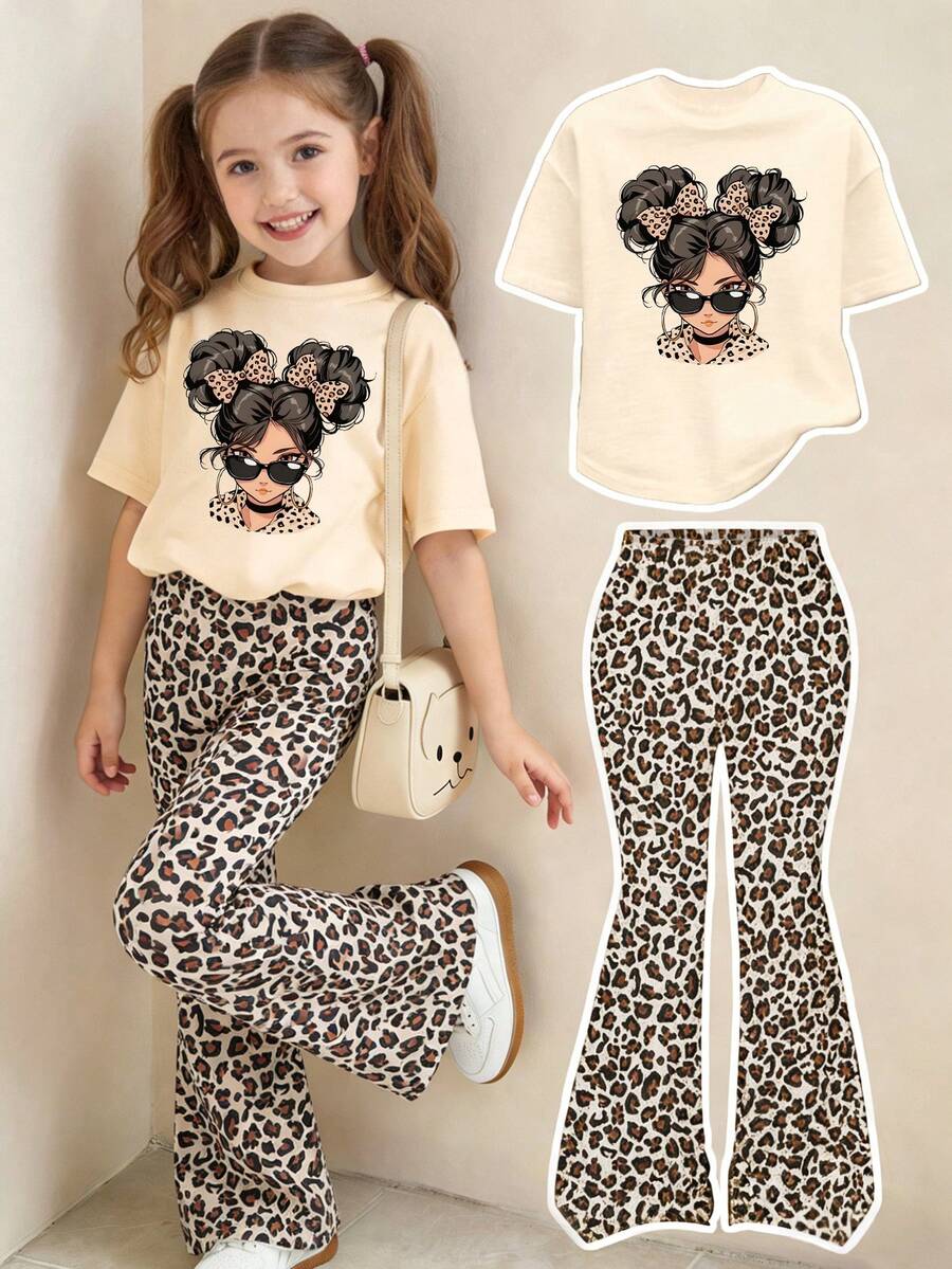 Elladie kids 2pcs/Set Young Girl Casual Butterfly Print Short Sleeve T-Shirt And Flare Pants,Cute Cartoon Graphic Fashionable Summer Clothes For School Outfit