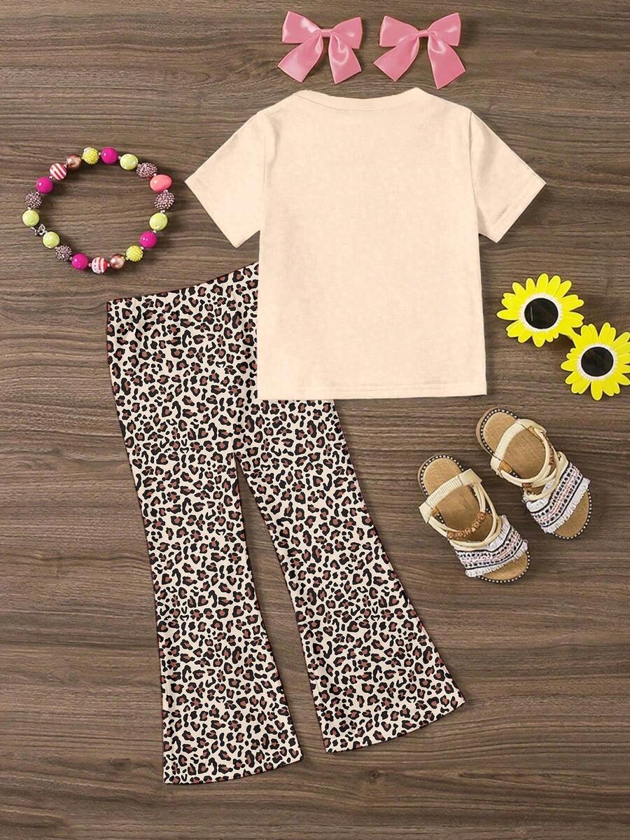 Elladie kids 2pcs/Set Young Girl Casual Butterfly Print Short Sleeve T-Shirt And Flare Pants,Cute Cartoon Graphic Fashionable Summer Clothes For School Outfit