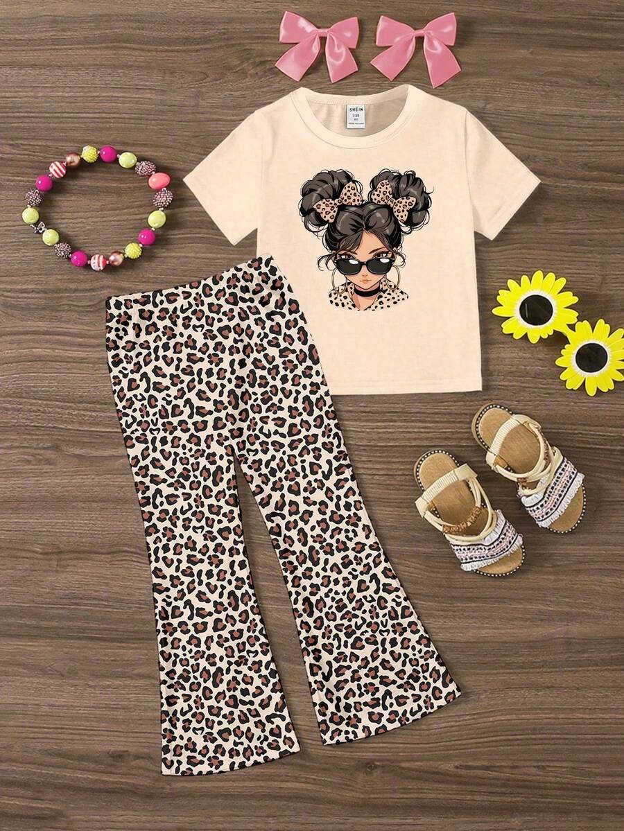 Elladie kids 2pcs/Set Young Girl Casual Butterfly Print Short Sleeve T-Shirt And Flare Pants,Cute Cartoon Graphic Fashionable Summer Clothes For School Outfit
