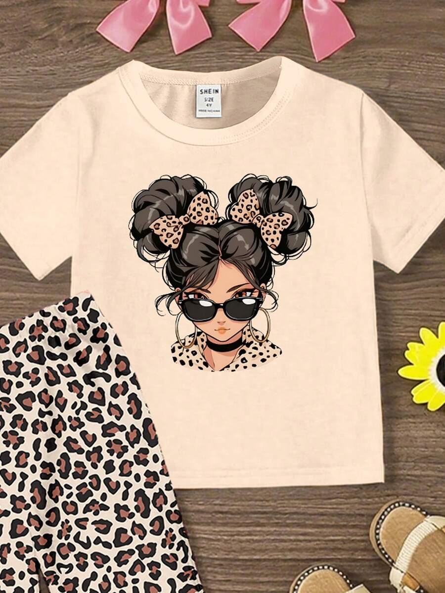Elladie kids 2pcs/Set Young Girl Casual Butterfly Print Short Sleeve T-Shirt And Flare Pants,Cute Cartoon Graphic Fashionable Summer Clothes For School Outfit