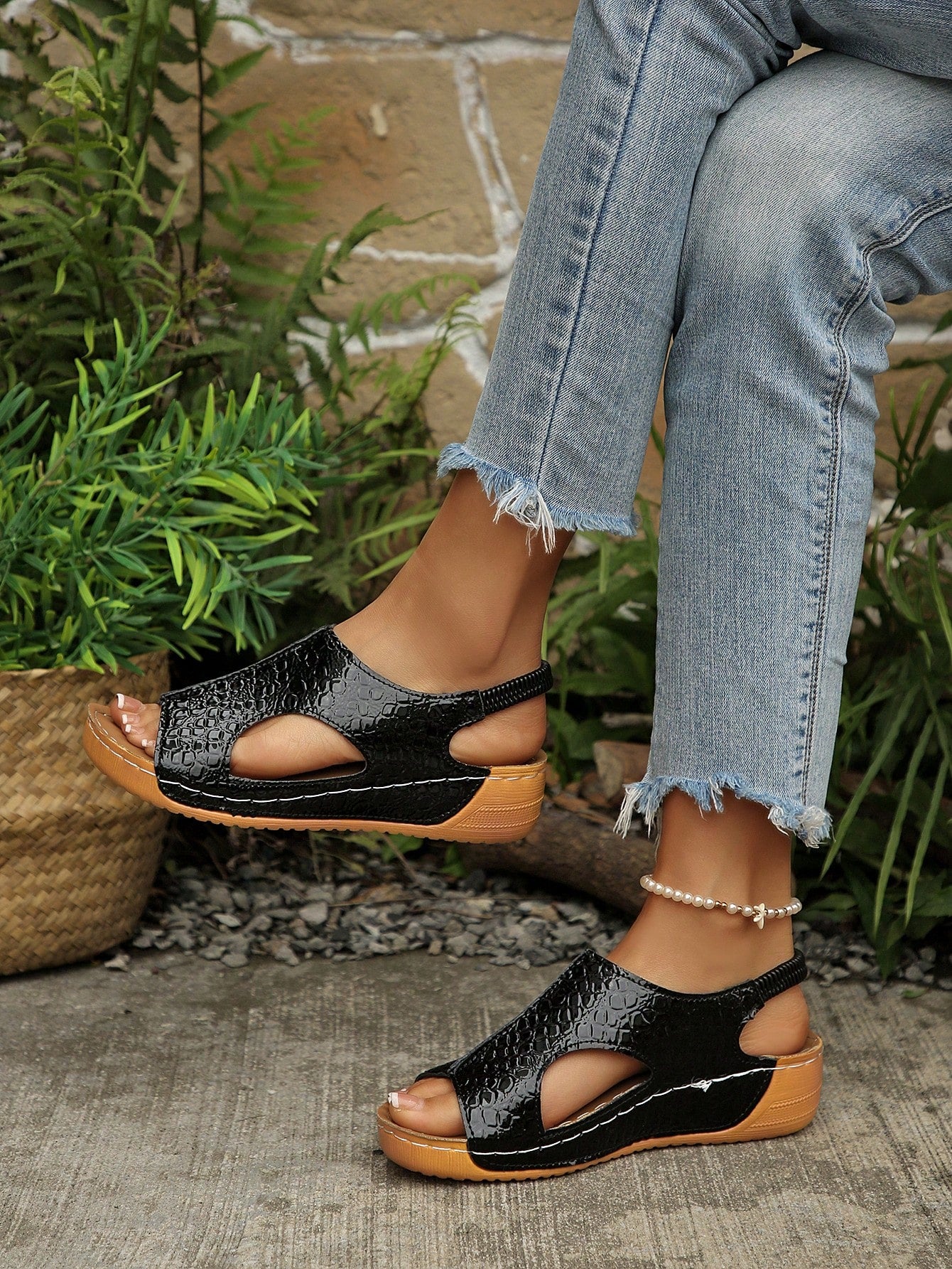 Women’s white PU platform wedge sandals with slip-on design, slingback strap, open round toe, and cut-out details, suitable for beach and vacation wear.