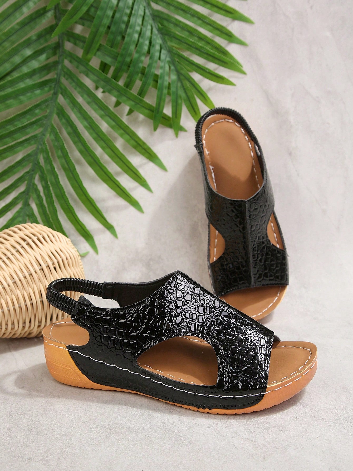 Women’s white PU platform wedge sandals with slip-on design, slingback strap, open round toe, and cut-out details, suitable for beach and vacation wear.