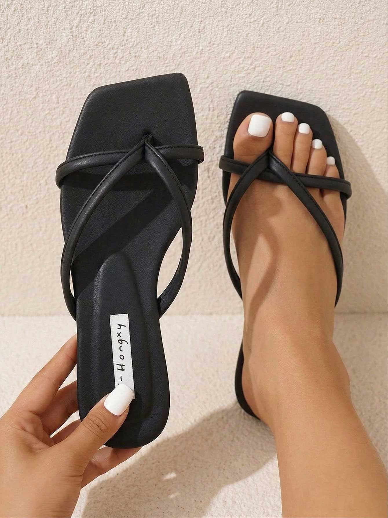 Women's striped flat slingback sandals with a square open toe, slip-on style, and rhinestone detail.