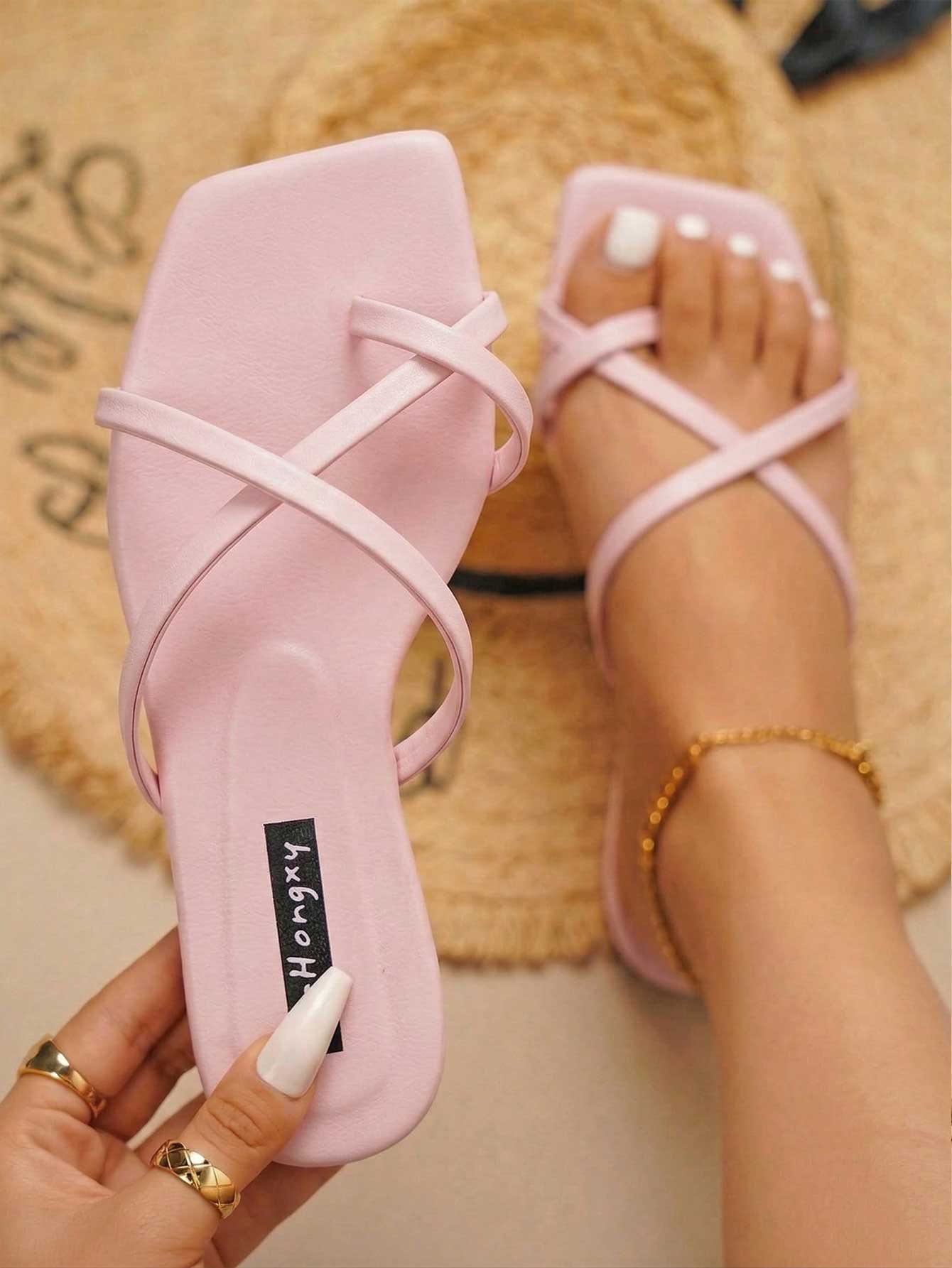 Women's striped flat slingback sandals with a square open toe, slip-on style, and rhinestone detail.