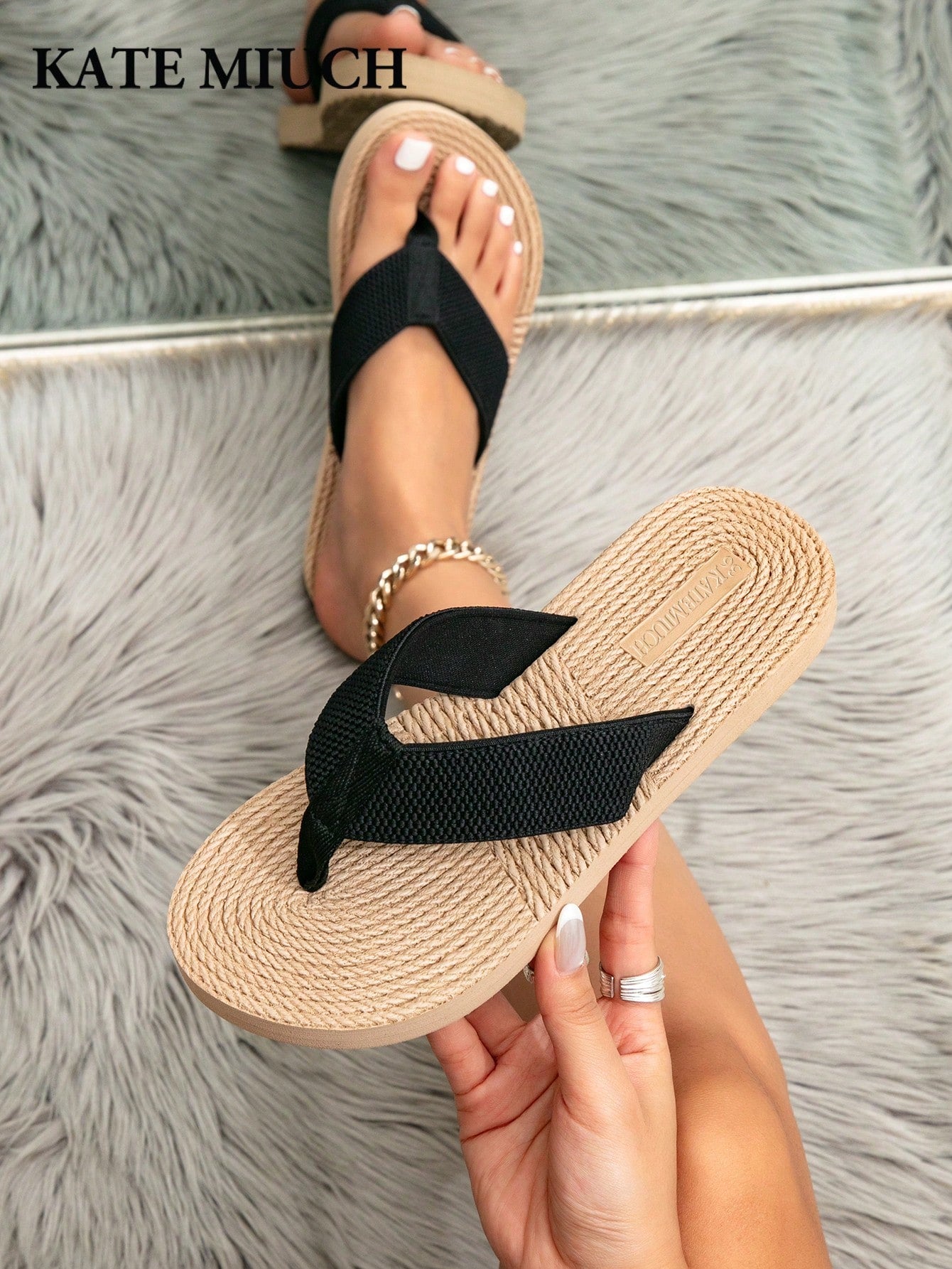Women's beige flat open-toe slide sandals with ruched bow and fringe detail, casual breathable fabric style for outdoor, commute, vacation, and home wear