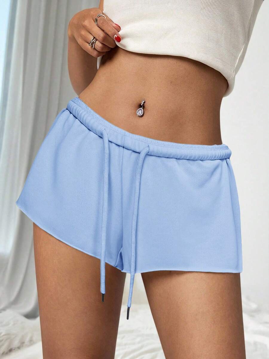 Petite women's burgundy casual track shorts with drawstring waist, raw hem, loose fit, and mini length