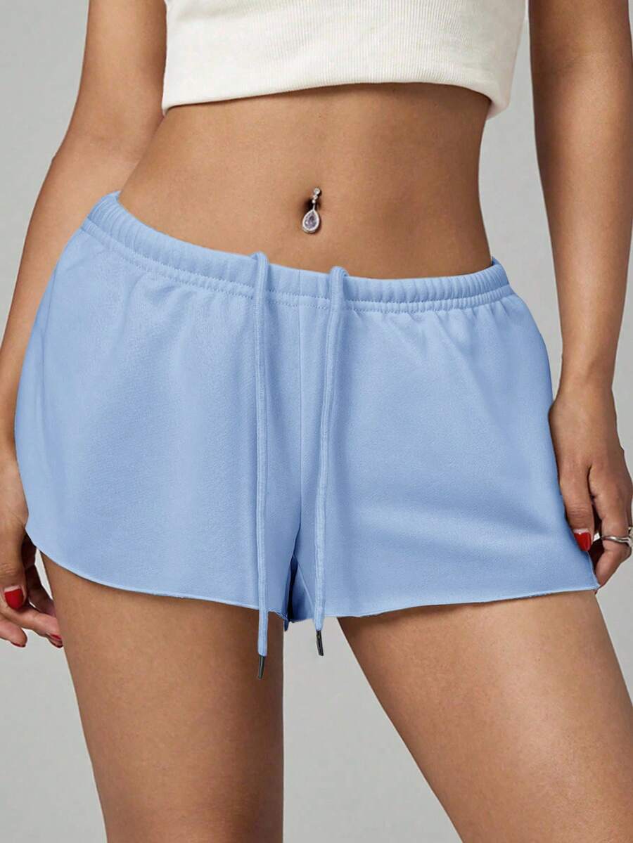 Petite women's burgundy casual track shorts with drawstring waist, raw hem, loose fit, and mini length