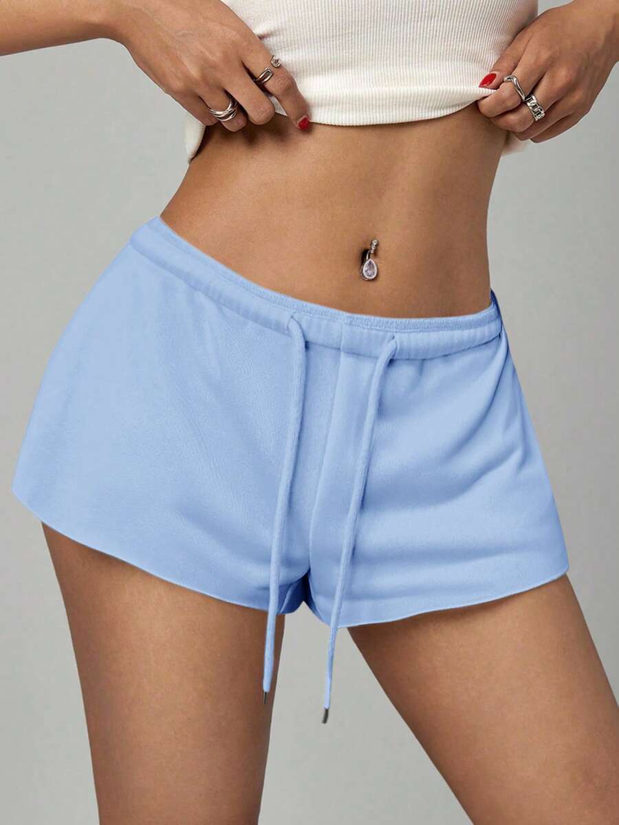 Petite women's burgundy casual track shorts with drawstring waist, raw hem, loose fit, and mini length