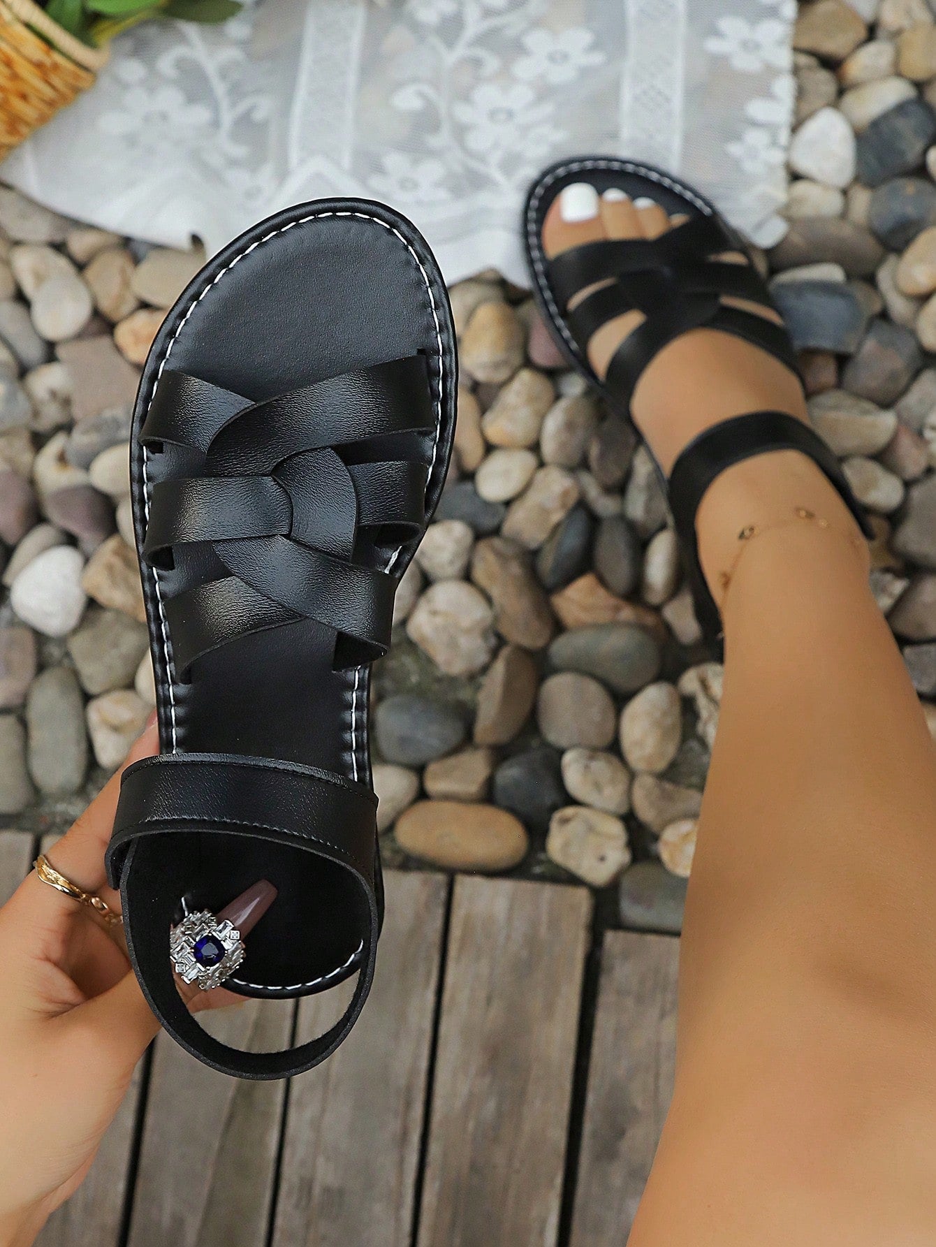 Plus size women's flat sandals with criss-cross straps and open toe, featuring a classic casual style for beach, vacation, commute, and everyday wear.