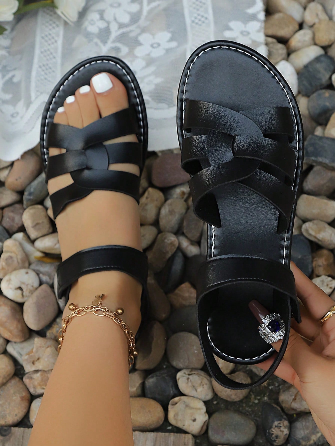 Plus size women's flat sandals with criss-cross straps and open toe, featuring a classic casual style for beach, vacation, commute, and everyday wear.