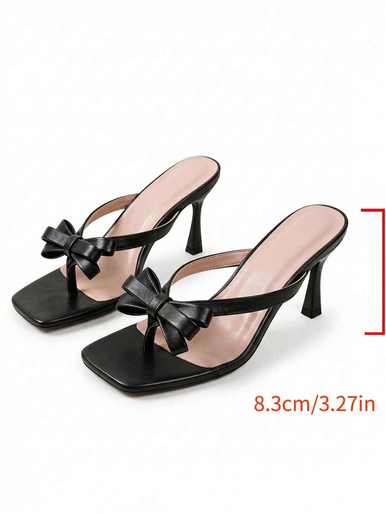 Elegant women’s slip-on high heel sandals with a square toe, bowknot detail, textured upper, stiletto heel, and slingback toe-post design.