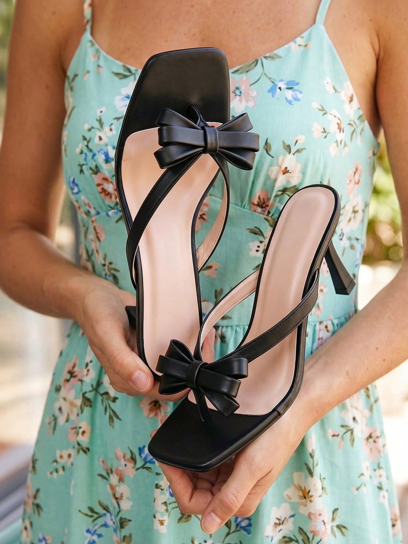 Elegant women’s slip-on high heel sandals with a square toe, bowknot detail, textured upper, stiletto heel, and slingback toe-post design.