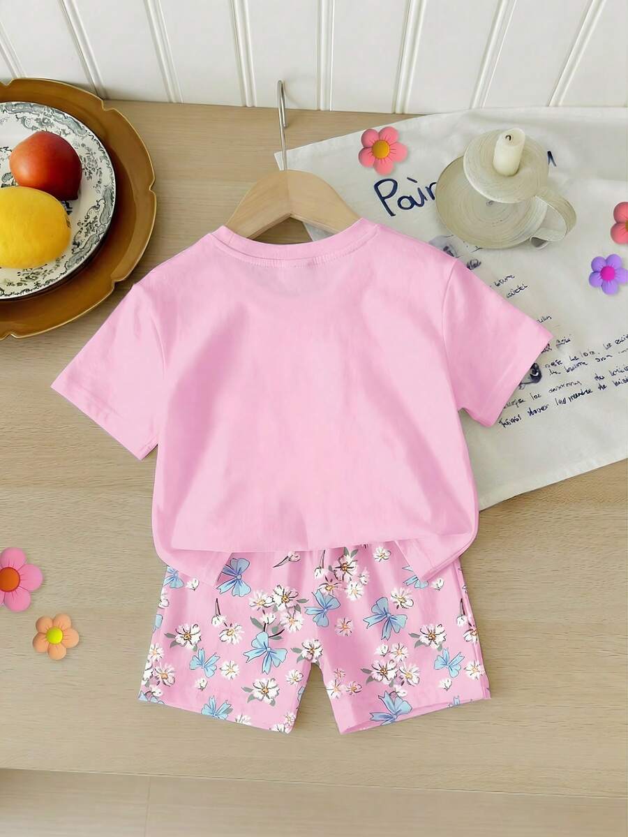 Elladie kids 2pcs/Set 4-7 Years Old Girls Toddler Outfits,Summer Cherry Bow Print Blue & White Striped Round Neck Short Sleeve T-Shirt + Shorts,Fresh Cute Style