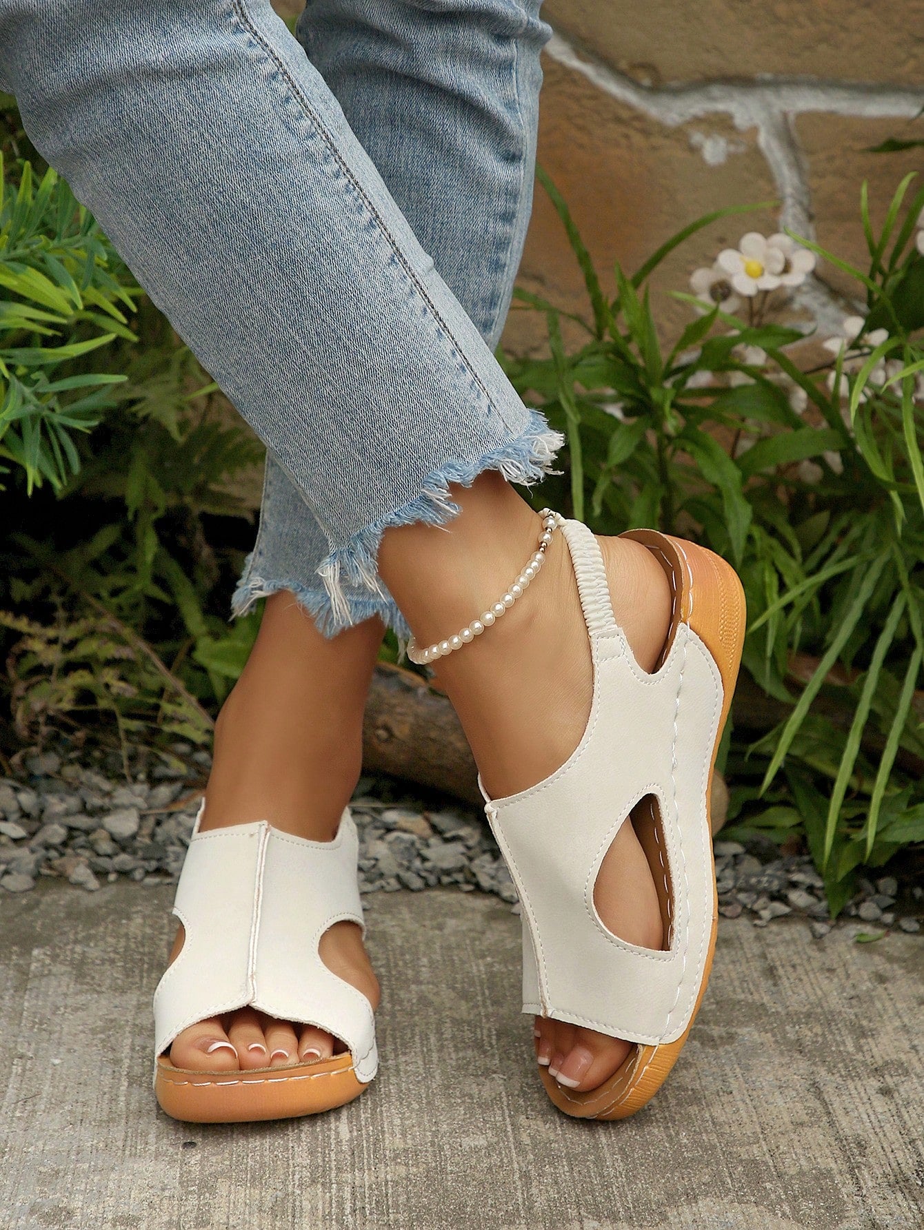 Women’s white PU platform wedge sandals with slip-on design, slingback strap, open round toe, and cut-out details, suitable for beach and vacation wear.